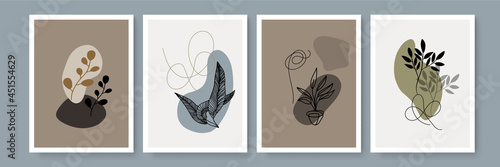 Boho poster with floral dan leaves. Botanical minimal wall art vector set. Earth tone boho foliage line art drawing with abstract shape. Abstract Plant Art design for print, cover, wallpaper.