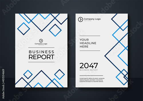 Modern blue triangle cover template. Elegant blue A4 cover with line pattern. Premium white and blue cover of appreciation template, clean modern design with gold badge