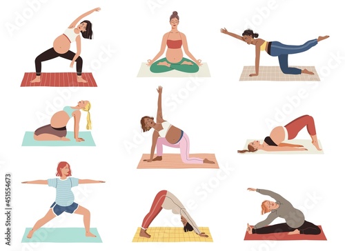 Pregnancy yoga. Relax women different asana poses, expectant mothers fitness, moms stretch, proper breathing, childbirth preparation. Meditation and exercises. Vector cartoon isolated set