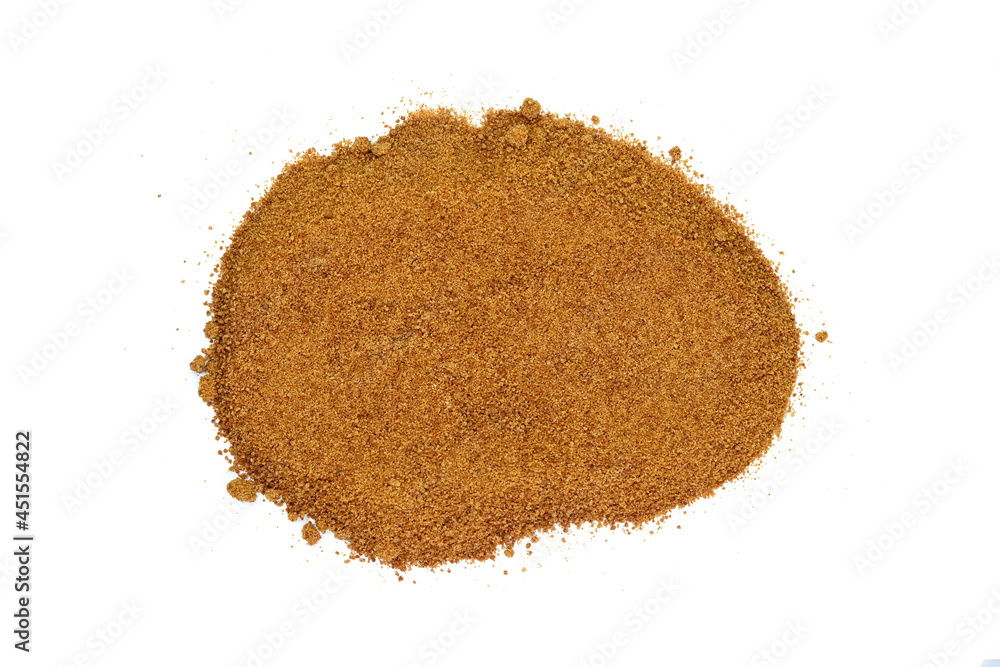 Coconut palm sugar isolated on white. brown coconut palm sugar. Coconut palm sugar as a sprinkle for cakes and pies Coconut palm sugar isolated on white. brown coconut palm sugar. Coconut palm sugar as a sprinkle for cakes and pies