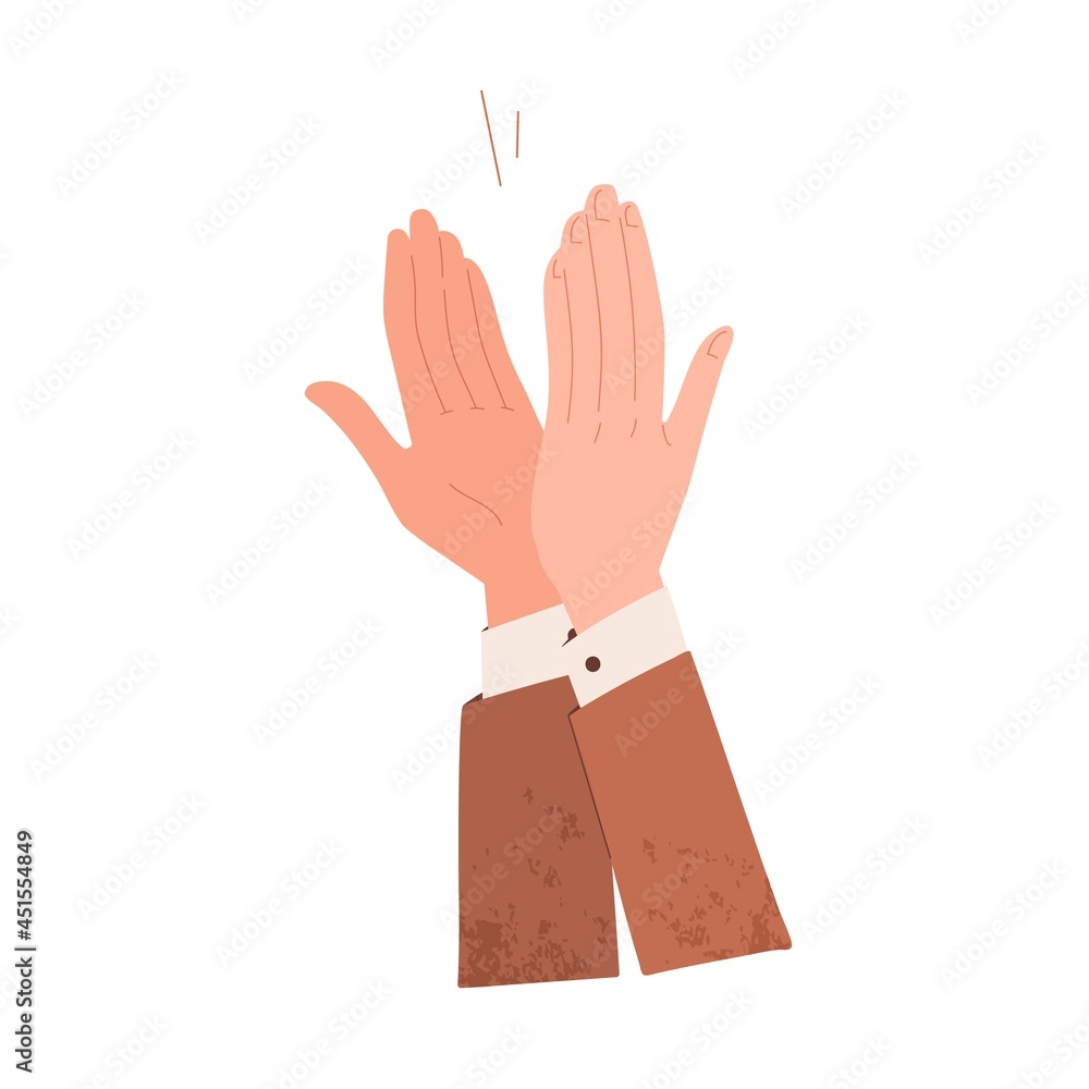 Fototapeta premium Male hands applauding, expressing respect and recognition. Open palms clapping, congratulating smb. Grateful applause and bravo gesture. Flat vector illustration of positive feedback isolated on white