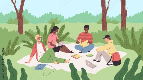 Learning in park. Students sitting on lawn grass in university campus. Guys and girls spend time in nature. People engaged and relax outdoor. Classmates studying together. Vector concept