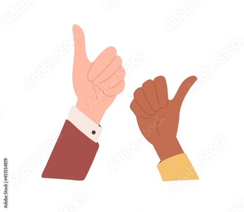 Diverse human hands with thumb up. Positive like and OK gesture, expressing satisfaction, agreement and approval. Good feedback concept. Flat vector illustration isolated on white background
