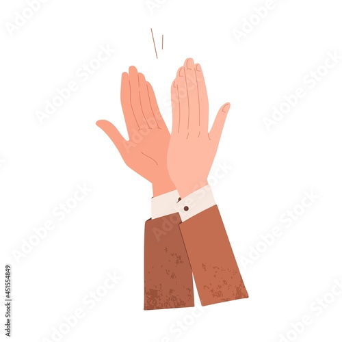 Male hands applauding, expressing respect and recognition. Open palms clapping, congratulating smb. Grateful applause and bravo gesture. Flat vector illustration of positive feedback isolated on white
