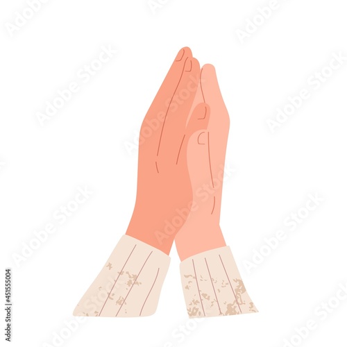 Hands applauding and clapping, expressing bravo. Prayer palms folded together and praying. Gesture of respect, admiration and support. Flat vector illustration of applause isolated on white background