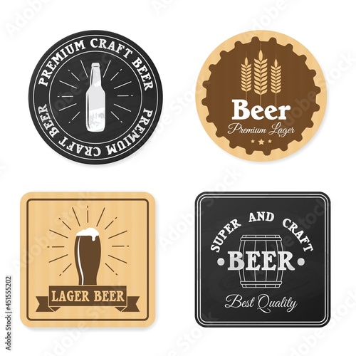 Beer coaster design. Square and round beer coasters, pub labels beverage mats, hipster style brewery stickers, alcoholic drink signs. Premium craft products. Vector isolated set photo