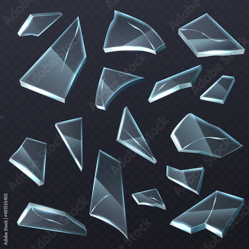 Broken glass shards. Realistic transparent different shapes pieces. 3D crashed fragments with cracks. Shattered window debris collection. Vector damaged mirror triangular particles set