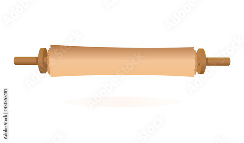 Ancient scroll. Old rolled parchment. Manuscript on papyrus with wooden roll. Medieval twisted doc with a torn, burnt edge. Historical paper sheet. A piece of an old page. Vector illustration.