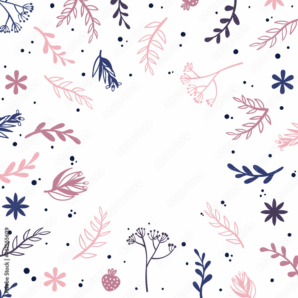 Square background with doodle flower and leaves silhouette with place for text. Colorful banner with copy space and hand drawn decorative plant in Scandinavian style.