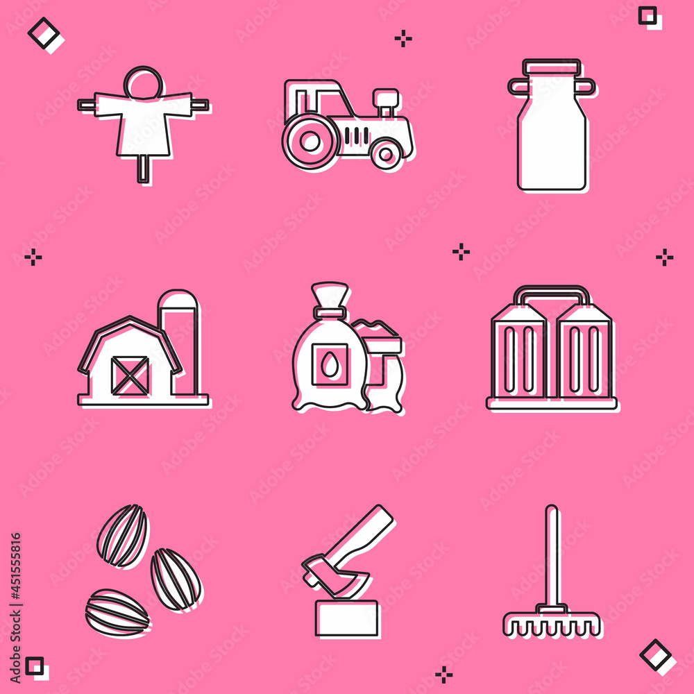 Set Scarecrow, Tractor, Can container for milk, Farm house, Pack full of seeds of plant, Granary, Seeds and Wooden axe icon. Vector Set Scarecrow, Tractor, Can container for milk, Farm house, Pack full of seeds of plant, Granary, Seeds and Wooden axe icon. Vector