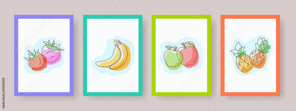 Fruit and berry vector banners for wall. Design posters with raspberry, banana, apple and pineapple. Hand drawn picture. Cover template set