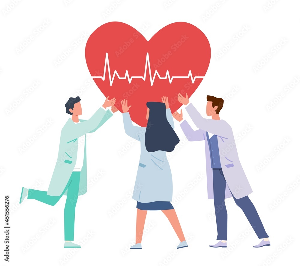 Heart Support. Doctors and nurses hold huge heart, cardiology team, professional aid and therapy, treatment in hospital, medical and health care concept vector cartoon isolated illustration Heart Support. Doctors and nurses hold huge heart, cardiology team, professional aid and therapy, treatment in hospital, medical and health care concept vector cartoon isolated illustration