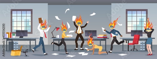 Crisis. Cartoon office workers running with burning brains. People heads with fire. Nervous overworked employees hurry to complete job on time. Vector work stress and deadline concept