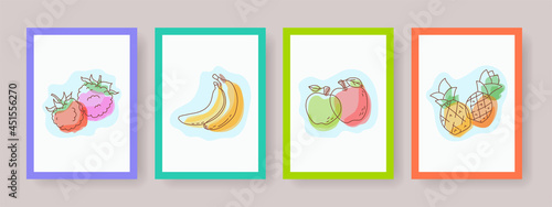 Fruit and berry vector banners for wall. Design posters with raspberry, banana, apple and pineapple. Hand drawn picture. Cover template set