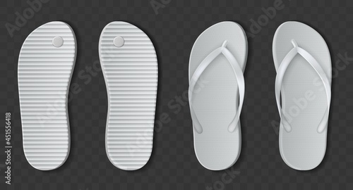 White flip flops sandals. Realistic beach rubber slippers. Bathroom or pool shoes set with open fingers. Summer barefoot. Top view of vector isolated footwear pair with plastic sole