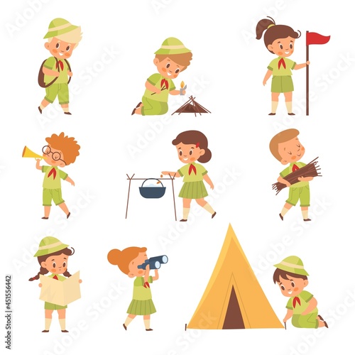 Scouts kids. Boys and girls in uniform learning survival in wild. Young nature explorers and adventurers build camp. Children characters put up tent or light a fire. Vector pupils set