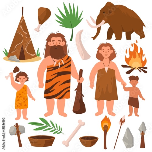 Stone age. People of prehistoric times. Cartoon family tribe. Cute cavemen. Mammoth and dwelling made of skins. Primitive hunting and household tools. Vector Paleolithic elements set