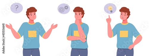 Thinking man. Confused thoughtful guy, several steps of finding right solution, solving problem, concentration and idea conditions. Human with thought bubbles. Vector cartoon isolated set
