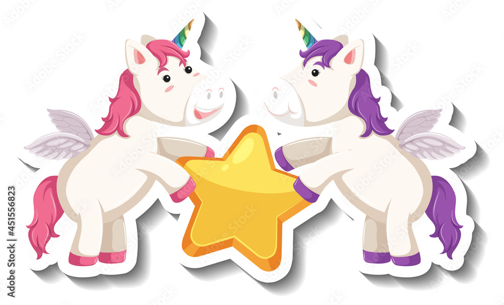Two cute unicorns holding star together cartoon sticker