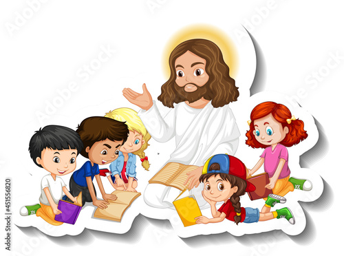 Jesus Christ with children group sticker on white background