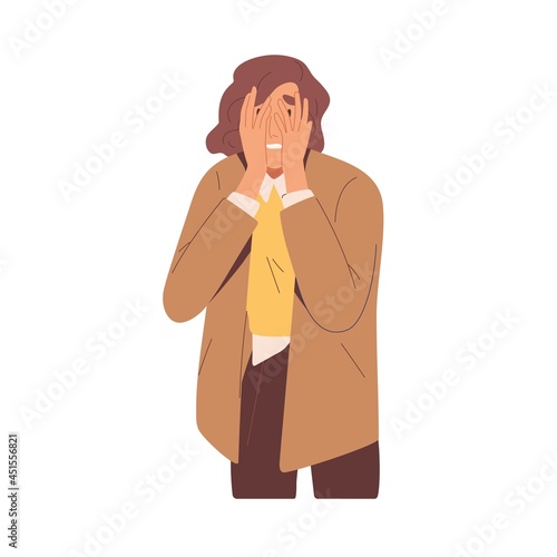 Embarrassed shy woman hiding face with hands. Upset person in despair feeling stress and shame after mistake and fail. Colored flat vector illustration of ashamed human isolated on white background