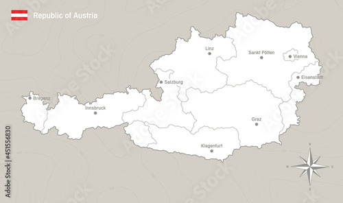 Vector simple line map of the Republic of Austria with marked regions.
