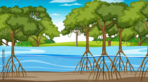 Nature scene with Mangrove forest at daytime in cartoon style