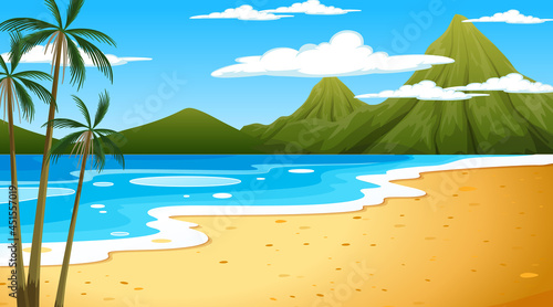 Beach at daytime landscape scene with mountain background