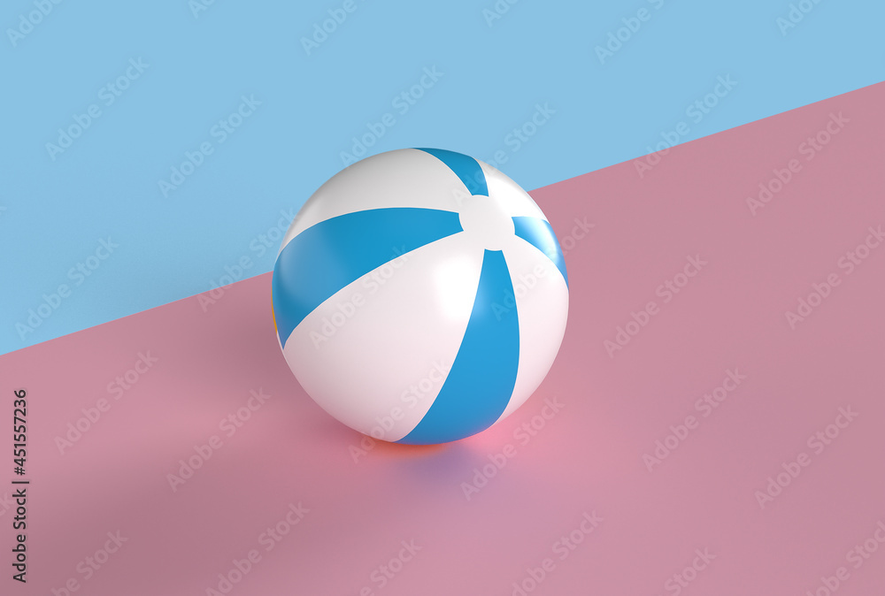 Summer pink and blue background with inflatable blue beach ball, minimal 3d illustration render. 
