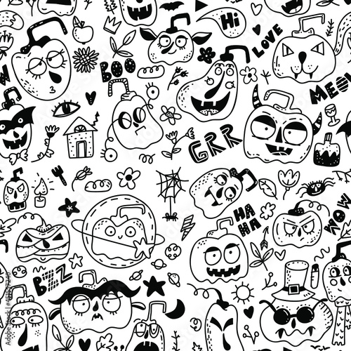 Seamless vector pattern with hand drawn doodle halloween symbols
