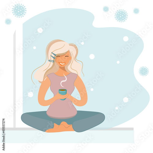 The girl sits by the window and drinks coffee. Woman against the background of falling snow during the coronavirus period. The blonde is protected in a cozy home with hot coffee in warm hands. Vector