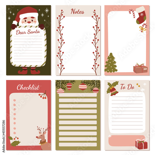 Set of Christmas santa reindeer and ornaments stationery for notes, tasks, to do list, organizer and planner