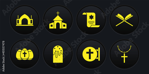 Set Easter egg, Holy book of Koran, cake, Christian cross, Torah scroll, Church building, on chain and Hindu spiritual temple icon. Vector