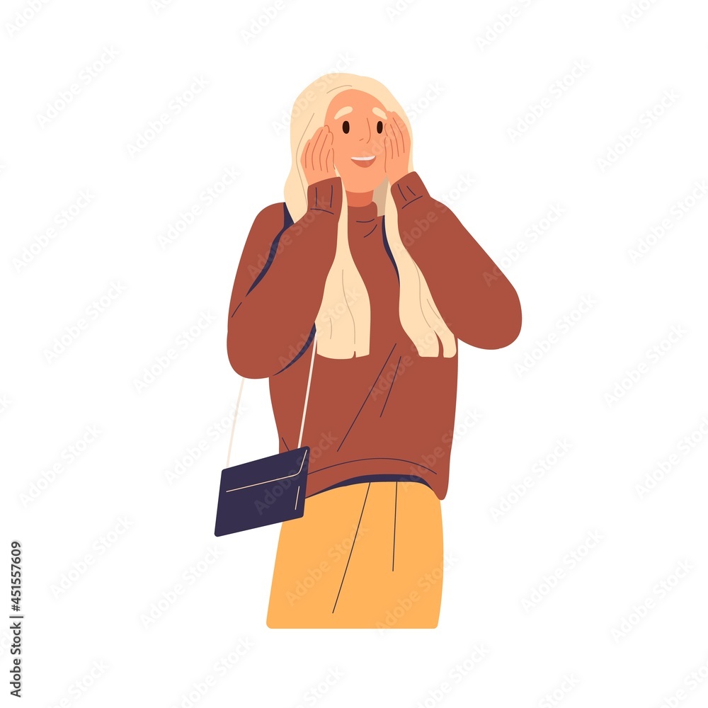 Excited surprised woman with wow reaction. Happy amazed person staring at smth. with joy, amazement, rapture and astonished face expression. Flat vector illustration isolated on white background Excited surprised woman with wow reaction. Happy amazed person staring at smth. with joy, amazement, rapture and astonished face expression. Flat vector illustration isolated on white background