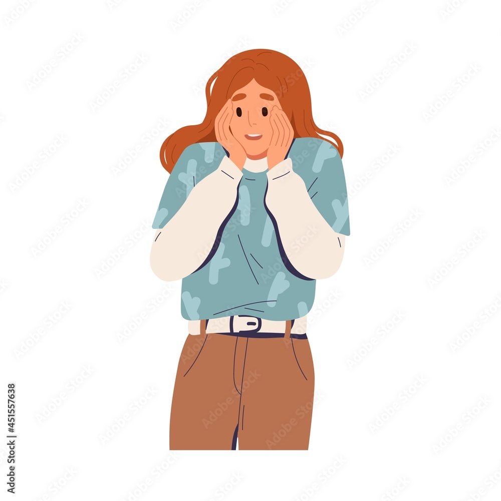 Happy surprised woman with wow face expression. Amazed excited person with positive emotional reaction to unexpected. Astonished female. Flat vector illustration isolated on white background Happy surprised woman with wow face expression. Amazed excited person with positive emotional reaction to unexpected. Astonished female. Flat vector illustration isolated on white background