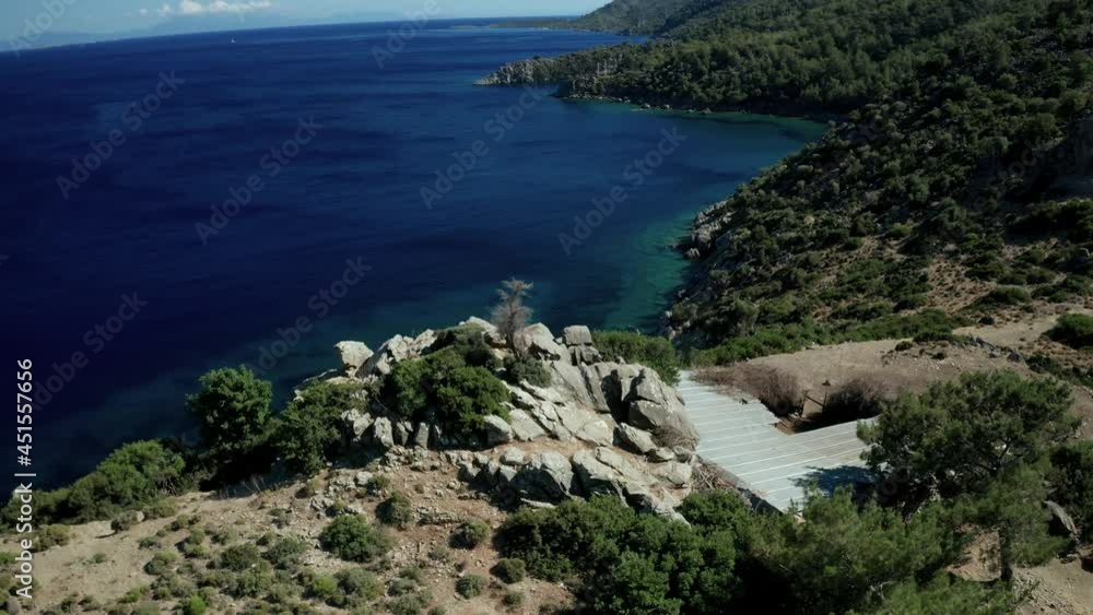 Amazing panoramic aerial 4k view of Bay of Ak�ab�k on Datca peninsula with crystal clear turquoise blue water in Mugla province in Turkey Amazing panoramic aerial 4k view of Bay of Ak�ab�k on Datca peninsula with crystal clear turquoise blue water in Mugla province in Turkey