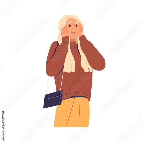 Excited surprised woman with wow reaction. Happy amazed person staring at smth. with joy, amazement, rapture and astonished face expression. Flat vector illustration isolated on white background