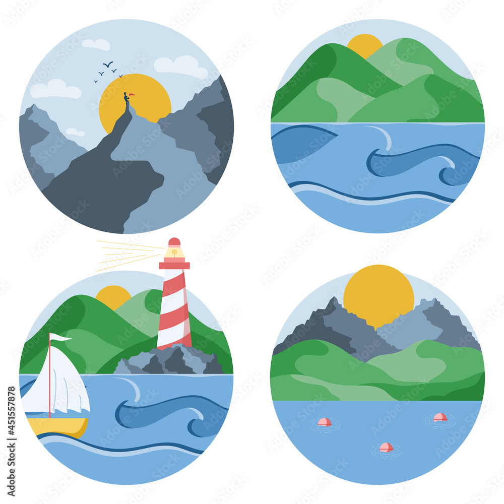 Obraz premium Circle icons of summer landscapes with different views on sea, mountains, and hills. Vector illustration in a flat style. Vector illustration