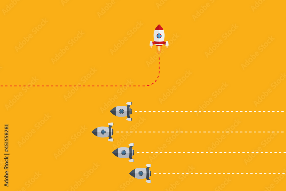 Think differently concept. Red rocket changing direction. New idea, change, trend, courage, creative solution, innovation and unique way concept. Think differently concept. Red rocket changing direction. New idea, change, trend, courage, creative solution, innovation and unique way concept.