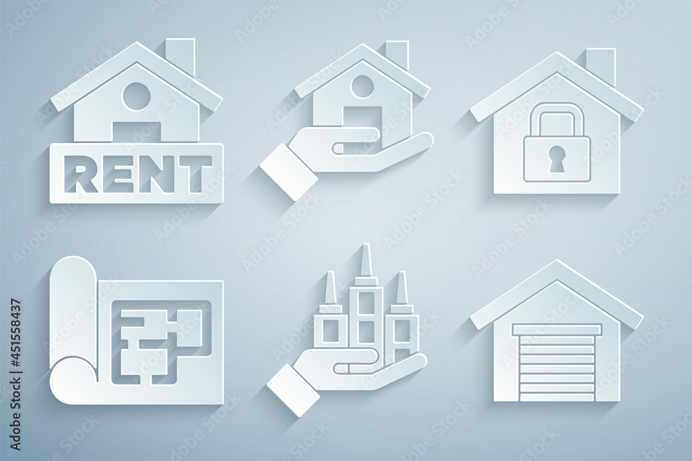 Set Skyscraper, House under protection, plan, Garage, Realtor and Hanging sign with Rent icon. Vector