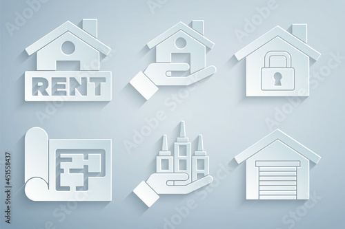 Wallpaper Mural Set Skyscraper, House under protection, plan, Garage, Realtor and Hanging sign with Rent icon. Vector Torontodigital.ca
