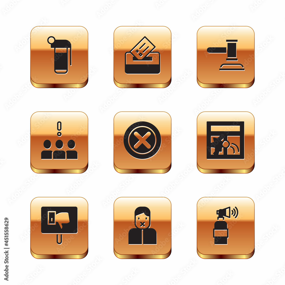 Set Hand grenade, Protest, Censor freedom of speech, X Mark, Cross in circle, Crowd protest, Judge gavel, Air horn and Vote box icon. Vector Set Hand grenade, Protest, Censor freedom of speech, X Mark, Cross in circle, Crowd protest, Judge gavel, Air horn and Vote box icon. Vector