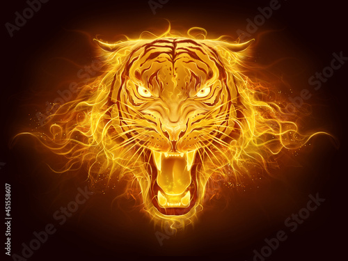 Tiger head made of fire with flame background. Digital painting.
