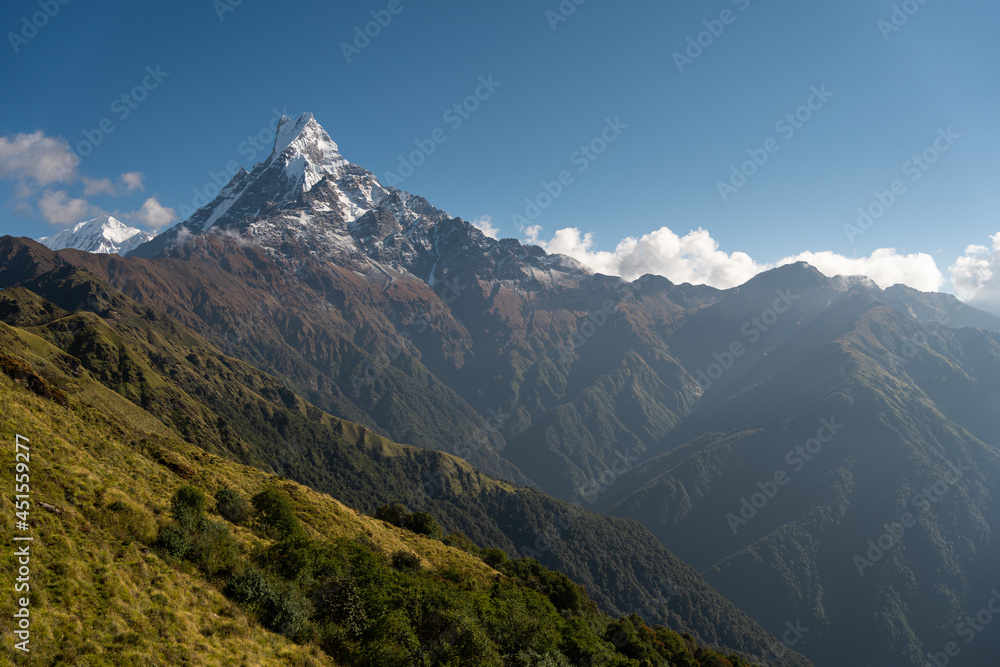 Machapuchare mountain peak , holy mountain peak in Annapurna range, Himalaya mountains range in Pokhara, Nepal Machapuchare mountain peak , holy mountain peak in Annapurna range, Himalaya mountains range in Pokhara, Nepal