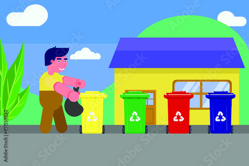 The homeowner sorts and recycles waste in front of the house, drops garbage in baskets,
 four trash bins, red, green, yellow, blue.  flat vector  design, vector illustration