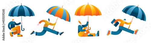 Characters with umbrellas in various poses. A set of vector isolated illustrations in a flat style on the theme of people and autumn.
