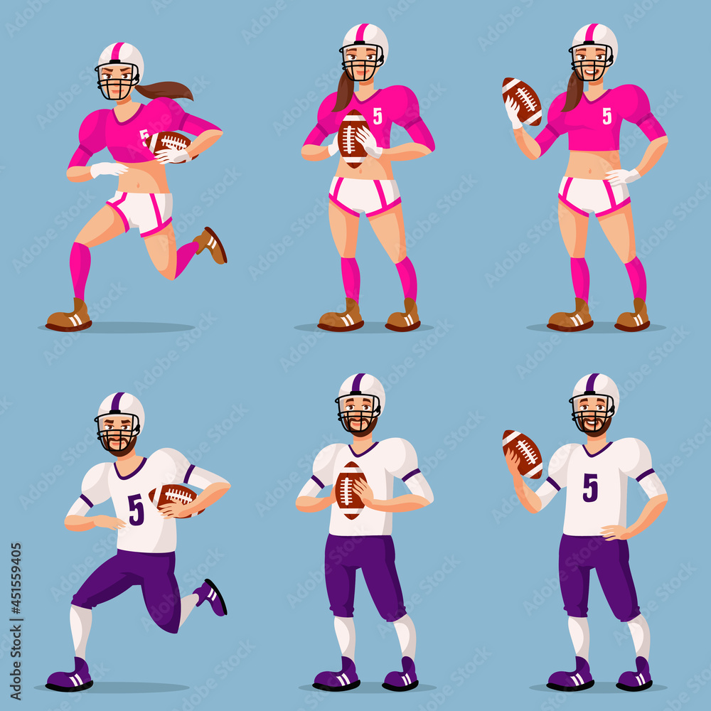 American football players in different poses. Male and female persons in cartoon style. American football players in different poses. Male and female persons in cartoon style.