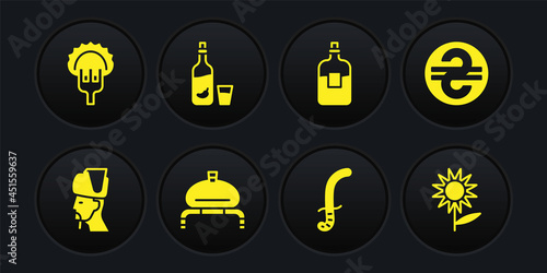 Set Ukrainian cossack, hryvnia, Bread and salt, Medieval sword, Bottle of vodka, Vodka with pepper glass, Sunflower and Dumplings on fork icon. Vector