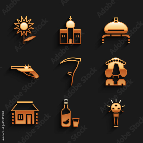 Set Scythe, Vodka with pepper and glass, Mace, Ukrainian woman, house, Vintage pistols, Bread salt and Sunflower icon. Vector