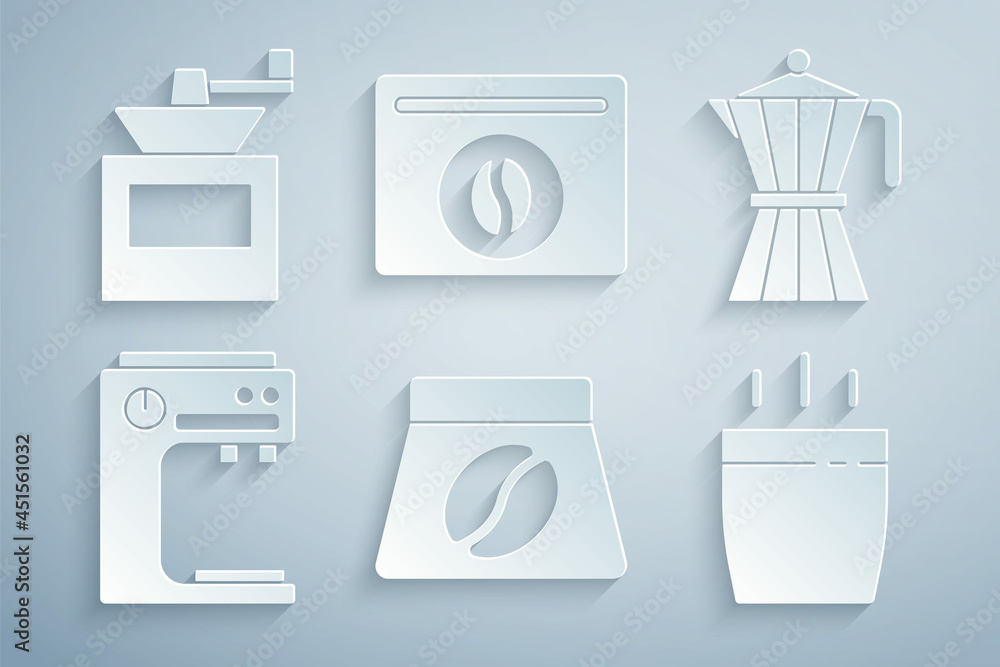 Set Bag of coffee beans, Coffee moca pot, machine, cup, and Manual grinder icon. Vector Set Bag of coffee beans, Coffee moca pot, machine, cup, and Manual grinder icon. Vector
